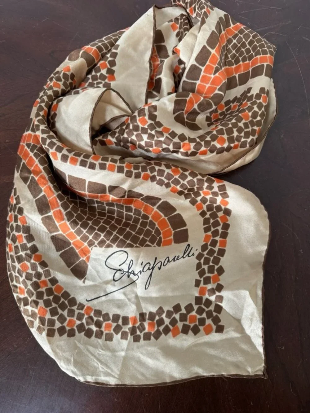 VTG Schiaparelli Square Silk Scarf Pebble Mosaic Pattern Brown Orange 28